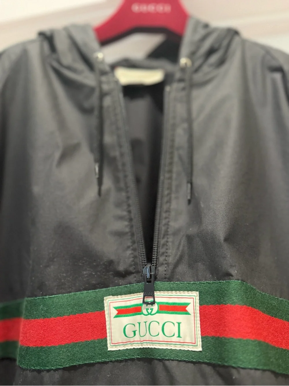 Gucci Black Hooded Windbreaker with Red & Green Accent Stripes